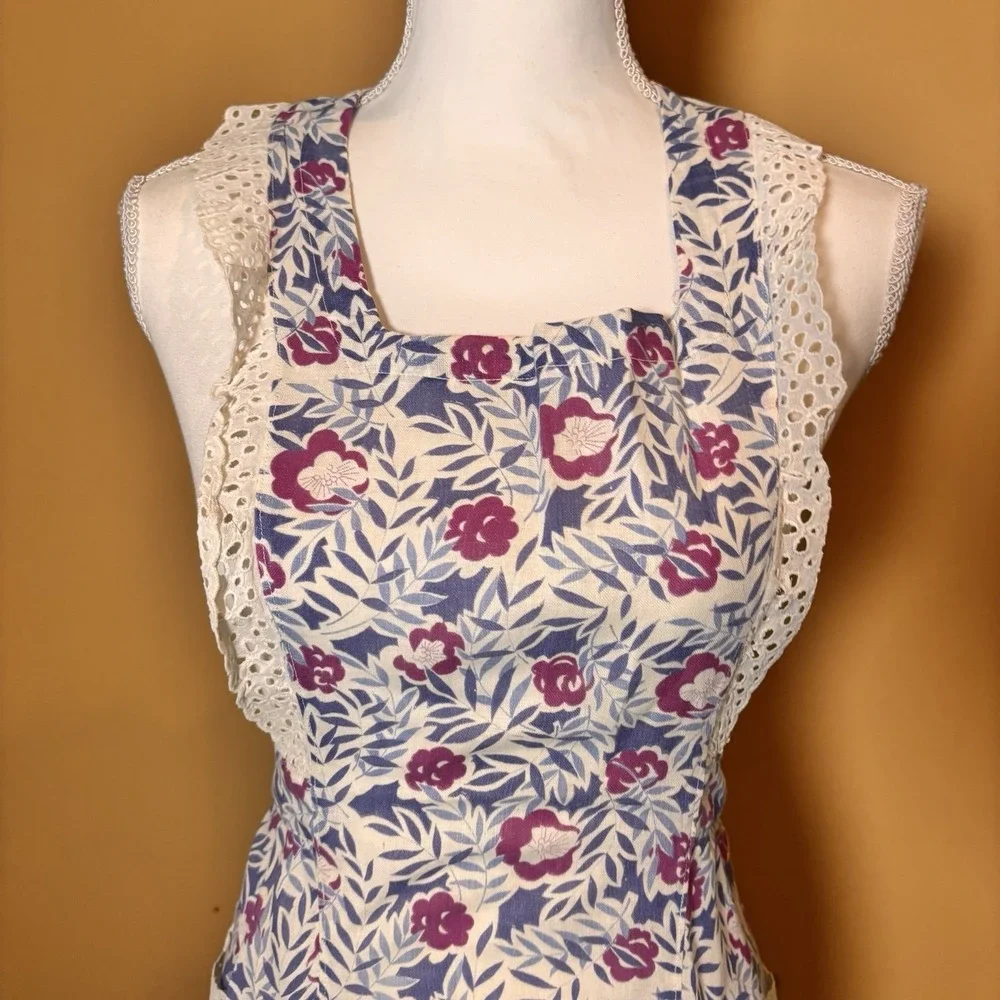 Vintage Handmade Floral Full Apron Eyelet Lace Cottagecore Prairie Farmhouse